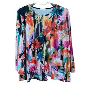 Jess‎ & Jane 3X Poppy Floral Print Tunic Top Colorful Made in USA Long Sleeve 3X